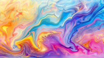  A vibrant fluid painting at the image's base, featuring swirling white, blue, yellow, pink, and purple hues