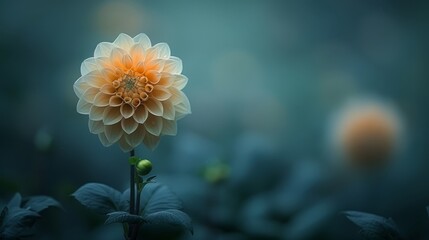 A large, yellow flower sits in the heart of a field, surrounded by a sea of green and orange blossoms The scene unfolds on a foggy day, with a hazy