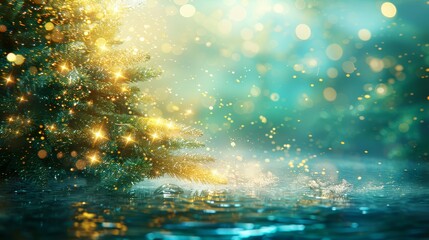  A Christmas tree by a waterbody, adorned with numerous lights atop, and a heavy blanket of snow beneath