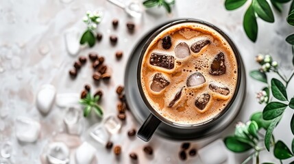 a cup of coffee with ice cubes on a white table Surrounding it are coffee beans and green leaves atop a white tablecloth against a clean white back