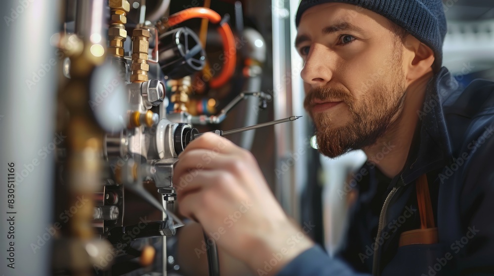Poster closeup of a man using a screwdriver to repair a gas boiler indoors. generative ai.