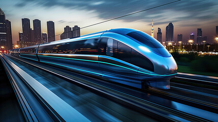 A high-speed maglev train with a futuristic design featuring a blue and silver color scheme speeds along the track in front of a city skyline at dusk.