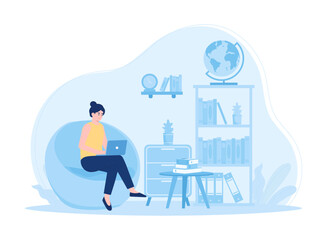 A female student sits on a book studying using a laptop concept flat illustration