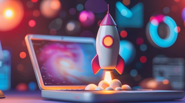 SEO technology represented by a laptop and rocket, highlighting growth and innovation in digital marketing