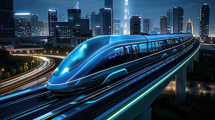 A high-speed maglev train with a futuristic design featuring a blue and silver color scheme speeds along the track in front of a city skyline at dusk.