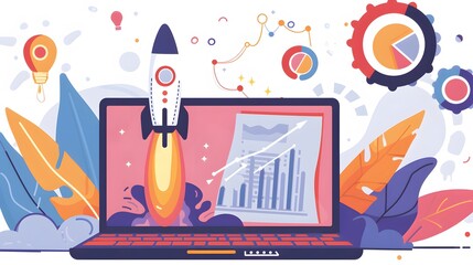 Obraz premium SEO technology and growth illustrated with a laptop and a rocket taking off