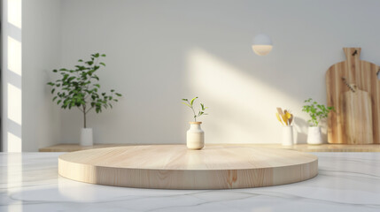 Round Wood Podium Dish with Beautiful Wood Grain, Sunlight, and Tropical Palm Leaf Shadow on White Table. Ai Generated.
