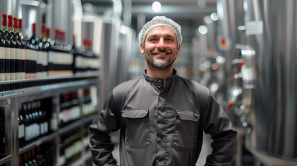 Obraz premium A cheerful worker in gray overalls and a hairnet stands in the lobby of the modern brewery