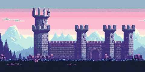 Castle background, video game style illustration castles towers 8-bit, vintage computer graphics, generated ai	