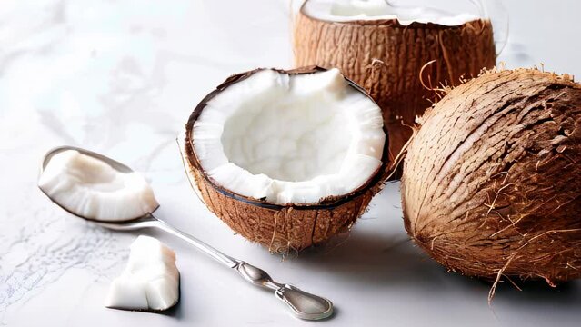 Fresh coconuts with spoon of coconut flesh on white surface