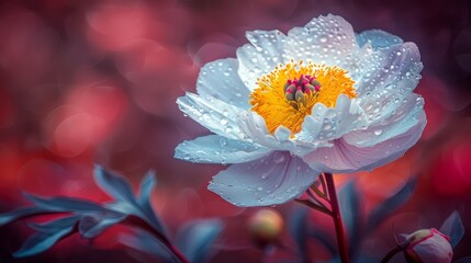 Fototapeta premium A tight shot of a white flower, dewdrops glistening on its petals Background softly blurred with red, pink, and blue blossoms, and emerald green