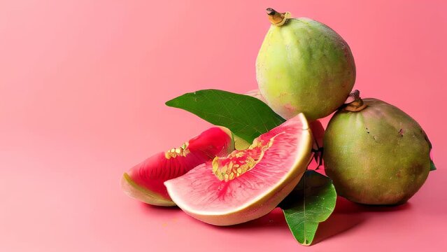 Fresh guavas with leaves, whole and sliced, on pink background