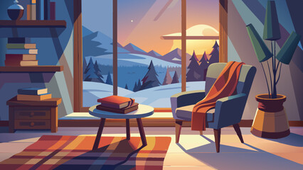 Fototapeta premium Cozy Winter Interior with Scenic Mountain View at Sunset