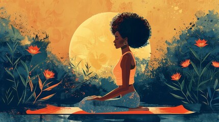 Illustration of a stylish woman with yoga mat, embodying mindfulness and balance, in high resolution.