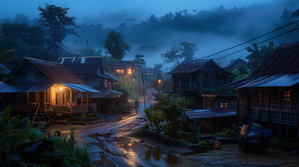 At dusk, a small village in the mountains of Southeast Asia, the foggy weather, the lights on the wooden house, the wet ground