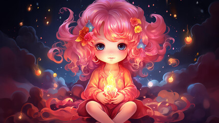 Fototapeta premium Playful Nebula illustration in chibi style with vivid colors and pastel tones.