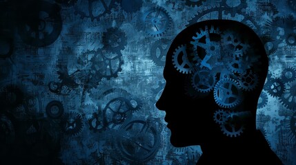 A creative illustration of the human thought process, depicting consciousness through a silhouette of a mans head with a gear mechanism inside.