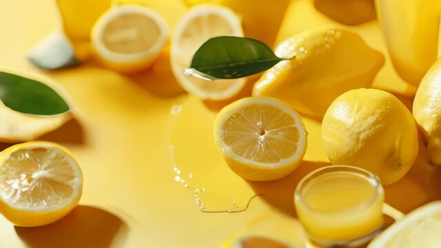 Fresh lemons and lemon juice on vibrant yellow background