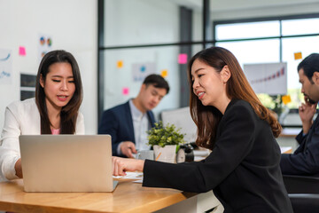 Business asian team professional collaborative meeting at office, teamwork, innovation and strategy, charts, brainstorming session, ideal corporate, business planning, successful startup at workplace