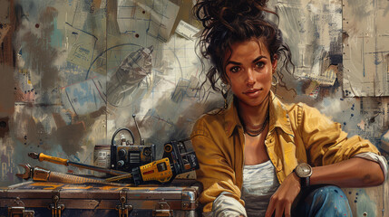 A sophisticated woman with a toolbox, capable and resourceful, fixing things in detailed and vibrant artwork.