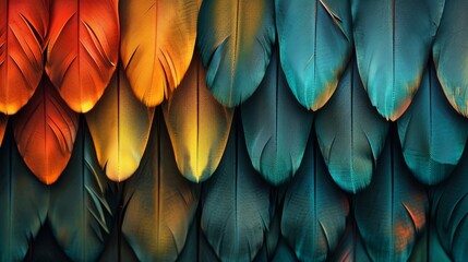  A tight shot of a multihued wall adorned with a collection of feathers on its side Hues of orange, yellow, green, red, and two shades of orange
