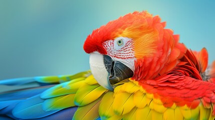 Fototapeta premium A close-up of a multicolored parrot against a blue background with a light blue sky