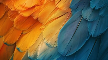 Fototapeta premium A tight shot of a multicolored bird's back displays a vibrant pattern of blue, yellow, orange, and red feathers contrasted against pristine white plumage