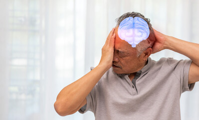 Sick unhappy senior elderly man touching head serious depressed feeling headache thinking of...