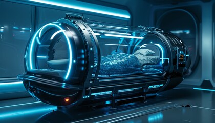 Fototapeta premium A futuristic medical pod with a patient inside, glowing with blue lights.
