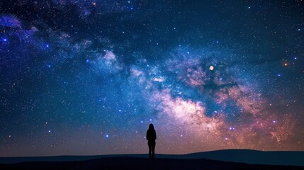 Fototapeta premium A lone figure stands silhouetted against a breathtaking view of the Milky Way, a vast expanse of stars illuminating the night sky.