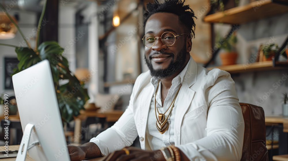 Aufkleber A black man sitting at computer in a stylish office. Generative AI.