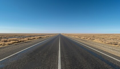 A long, straight road stretches into the distance under a clear blue sky. The road is lined with white lines, and the surrounding landscape is flat and barren.