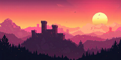 Fototapeta premium Castle background video game style illustration castles towers 8-bit, vintage computer graphics, generated ai 