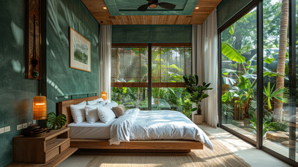 Natural blue shade bedroom of a house villa resort by lush jungle