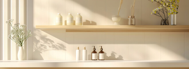 Minimalist bathroom shelf adorned with eco-friendly skincare essentials, conscious self-care rituals.