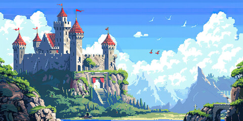 Castle background video game style illustration castles towers 8-bit, vintage computer graphics, generated ai	