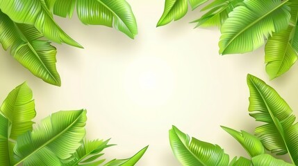  A beige background with a cluster of green leaves and a central space for text or image insertion