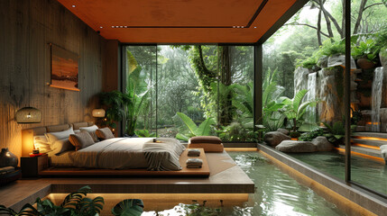 Natural orange shade bedroom of a house villa resort by lush jungle
