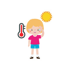 kid with summer Heatstroke, cute cartoon character flat style vector illustration on white background