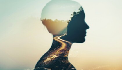 A silhouette of a person's head with a winding road and trees inside, representing the journey of life and mental exploration.