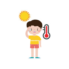 kid with summer Heatstroke, cute cartoon character flat style vector illustration on white background