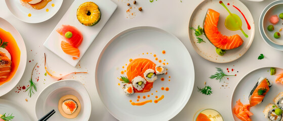 Top view table full of different types of sushi and other Asian dishes