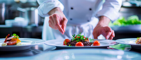 A close up hands chef preparing plate of food with tomato and piece of meat