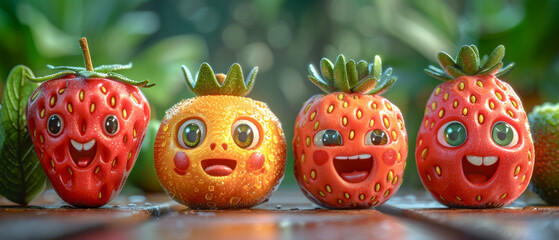 Four cartoon fruits with smiling faces are shown in a row