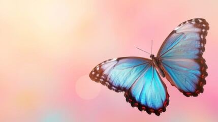Obraz premium A tight shot of a blue butterfly against a soft pink backdrop The image subtly blurs to reveal the butterfly's pink-hued reverse side and upper wing portion