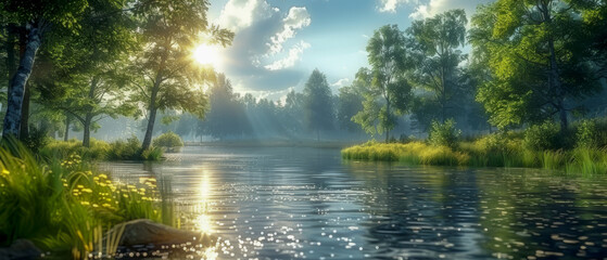 Obraz premium A beautiful scene of a river with trees and a sun shining on the water