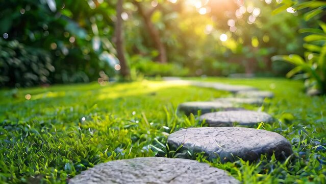 Sunlit garden with stone path leading through lush greenery
