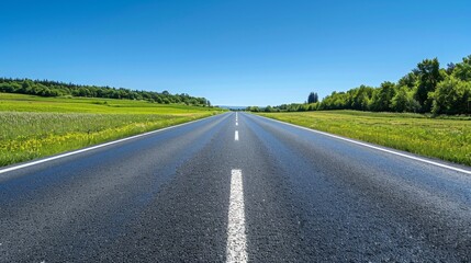 Fototapeta premium A straight asphalt road stretches towards a horizon of green fields and blue sky.