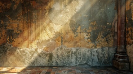 Sunlight highlighting a grunge wall in a living room with ancient features