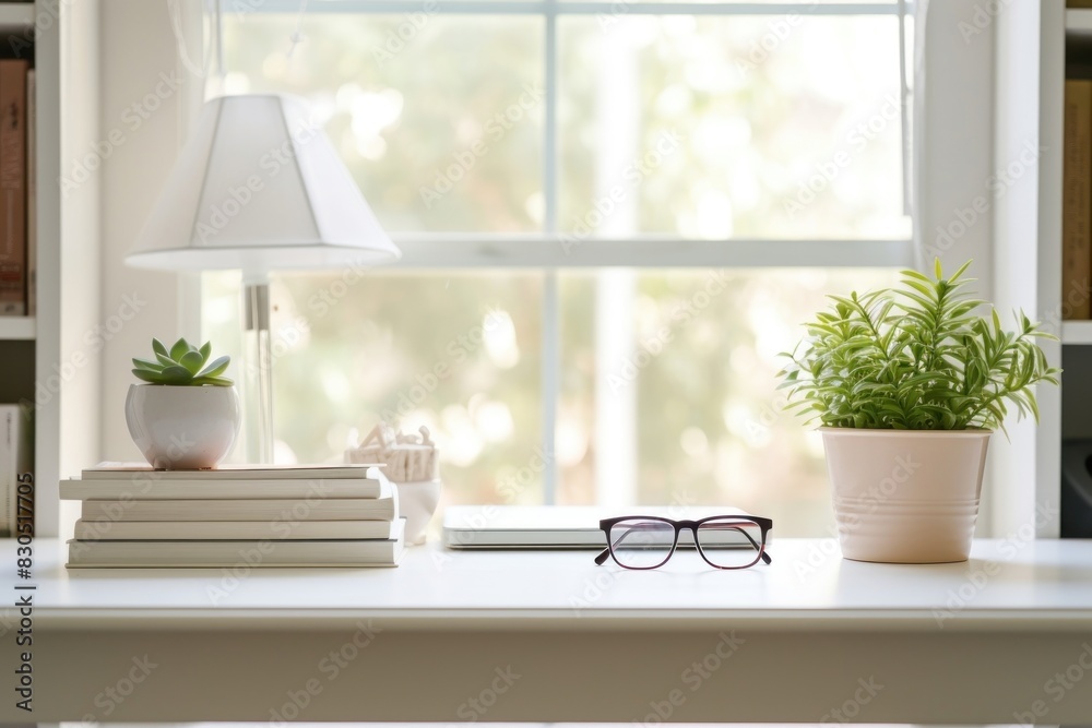 Canvas Prints long white study table plant windowsill glasses.